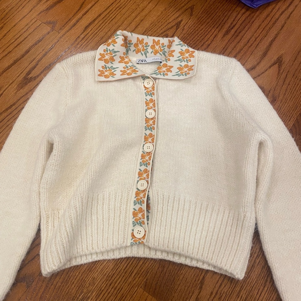 Zara Cream Knit Cardigan with Orange Floral Collar
